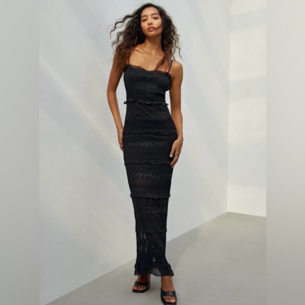 Aegean Ruffle Zippered Midi Dress, Black, Size M